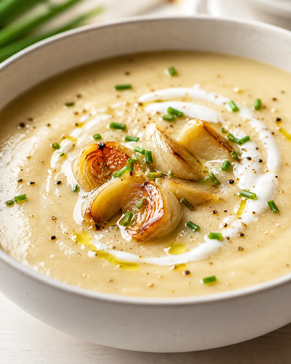 bowl of creamy onion soup topped with roasted onion slices and chives