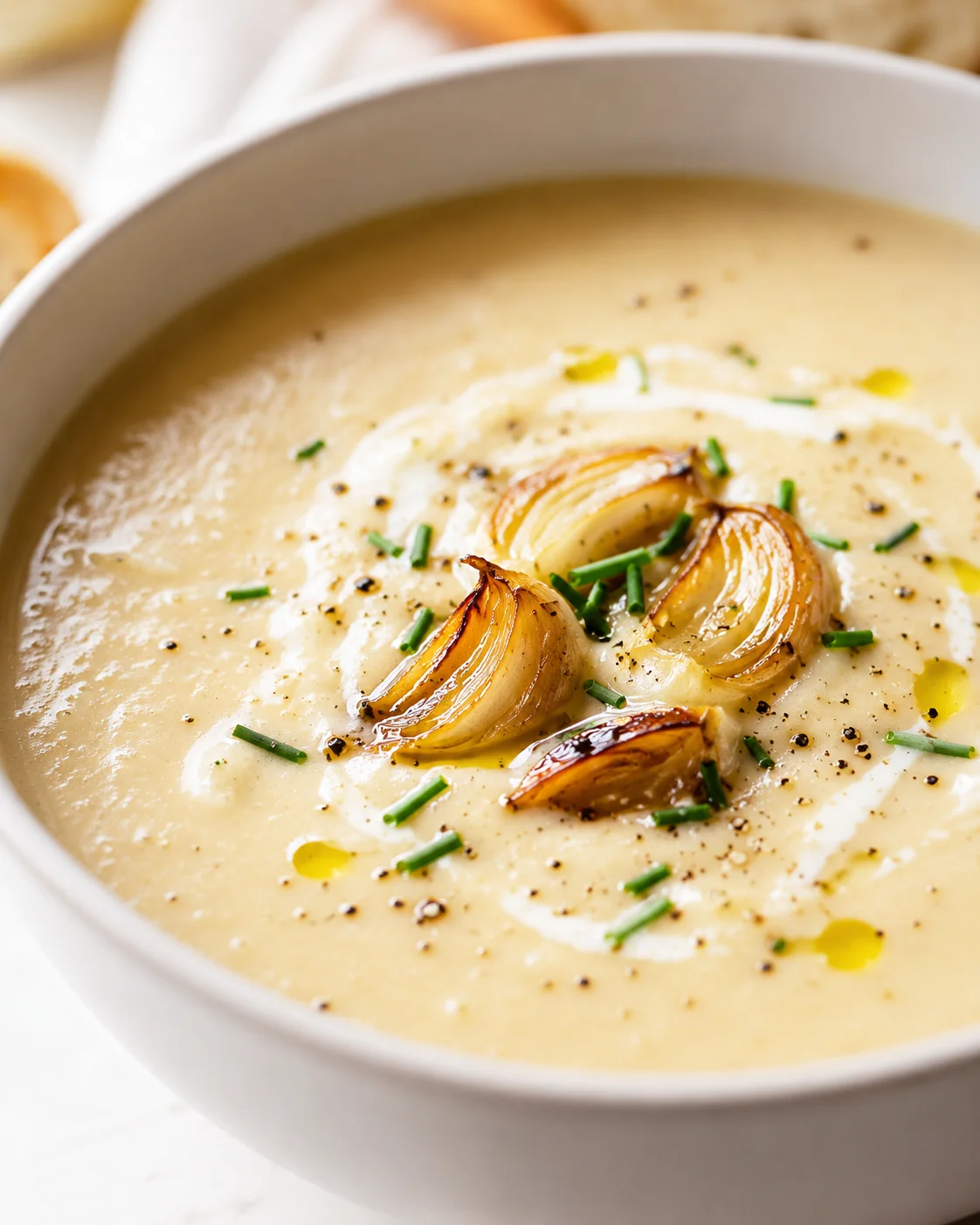 bowl of creamy onion soup topped with roasted onion slices and chives