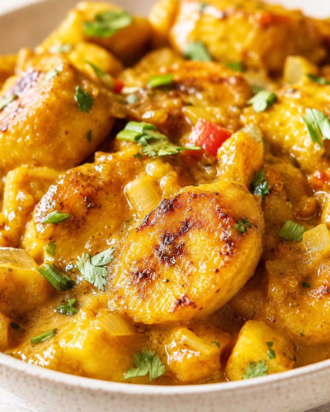 close-up of golden potato chunks in a creamy yellow curry with onions and cilantro
