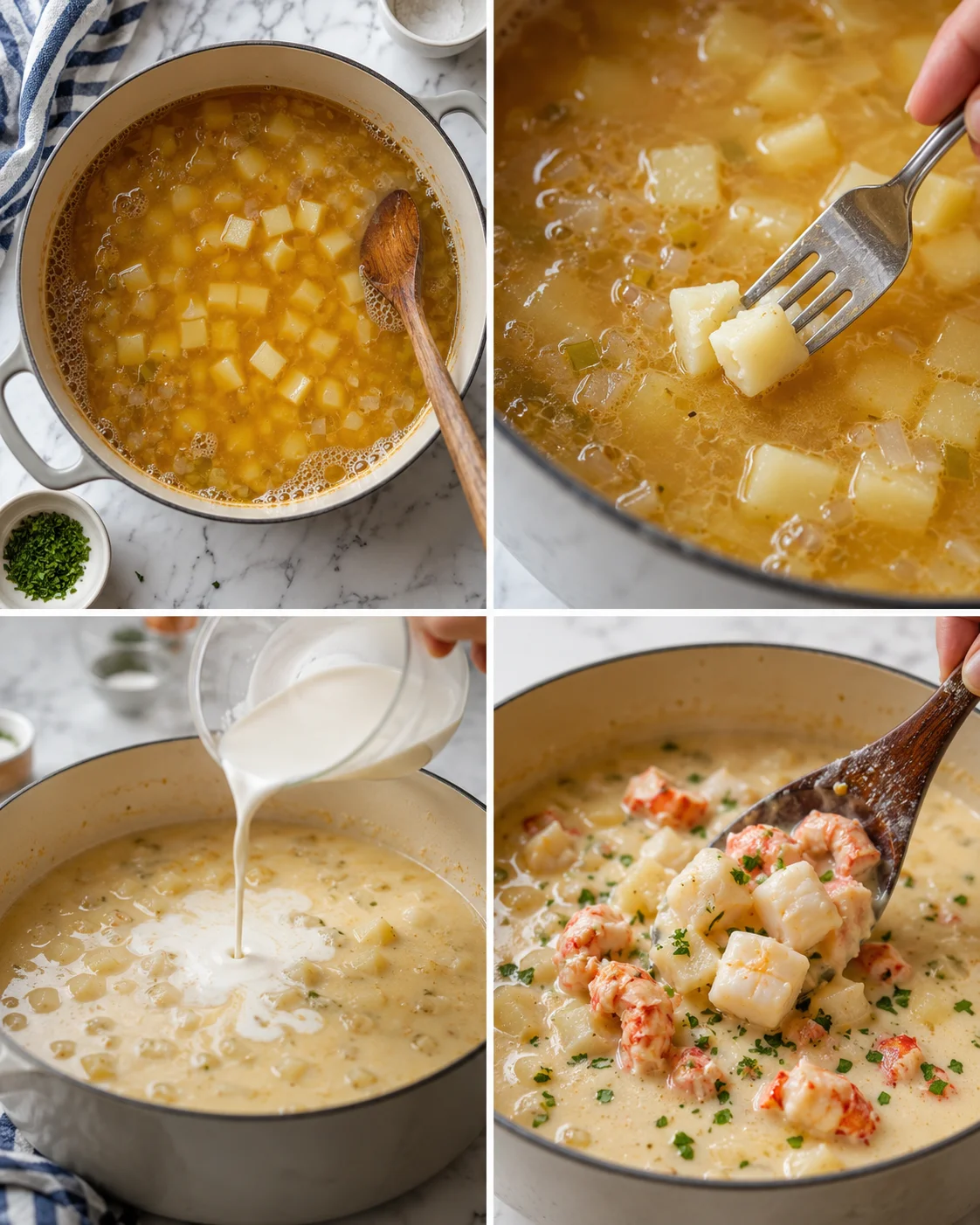 collage of four shots showing a creamy potato-lobster chowder being prepared in a gray enamel pot