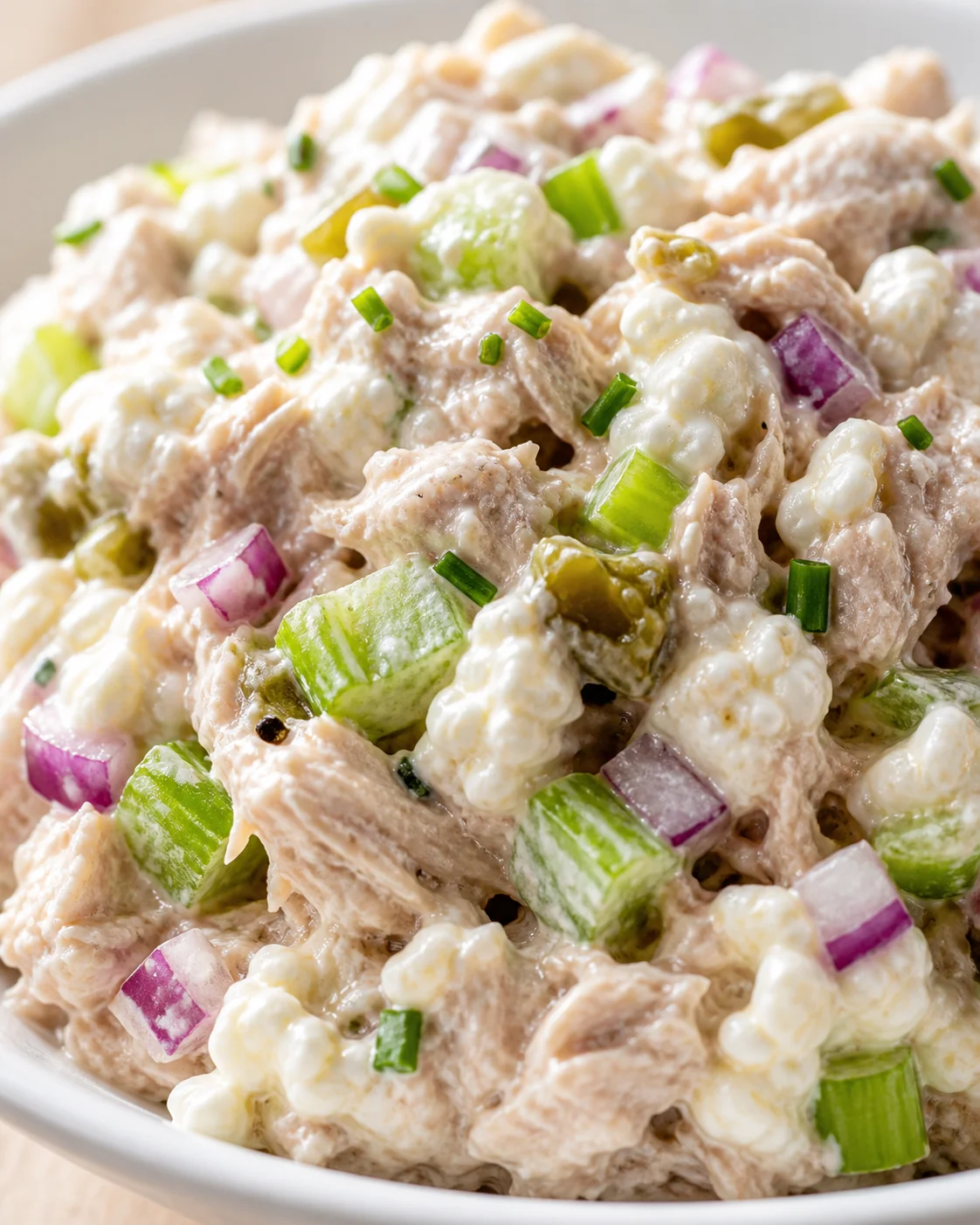 Close-up of creamy poultry salad topped with chopped chives and diced celery.