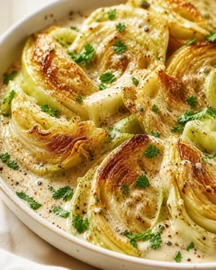 browned fennel wedges in a creamy sauce, garnished with parsley, in a white baking dish