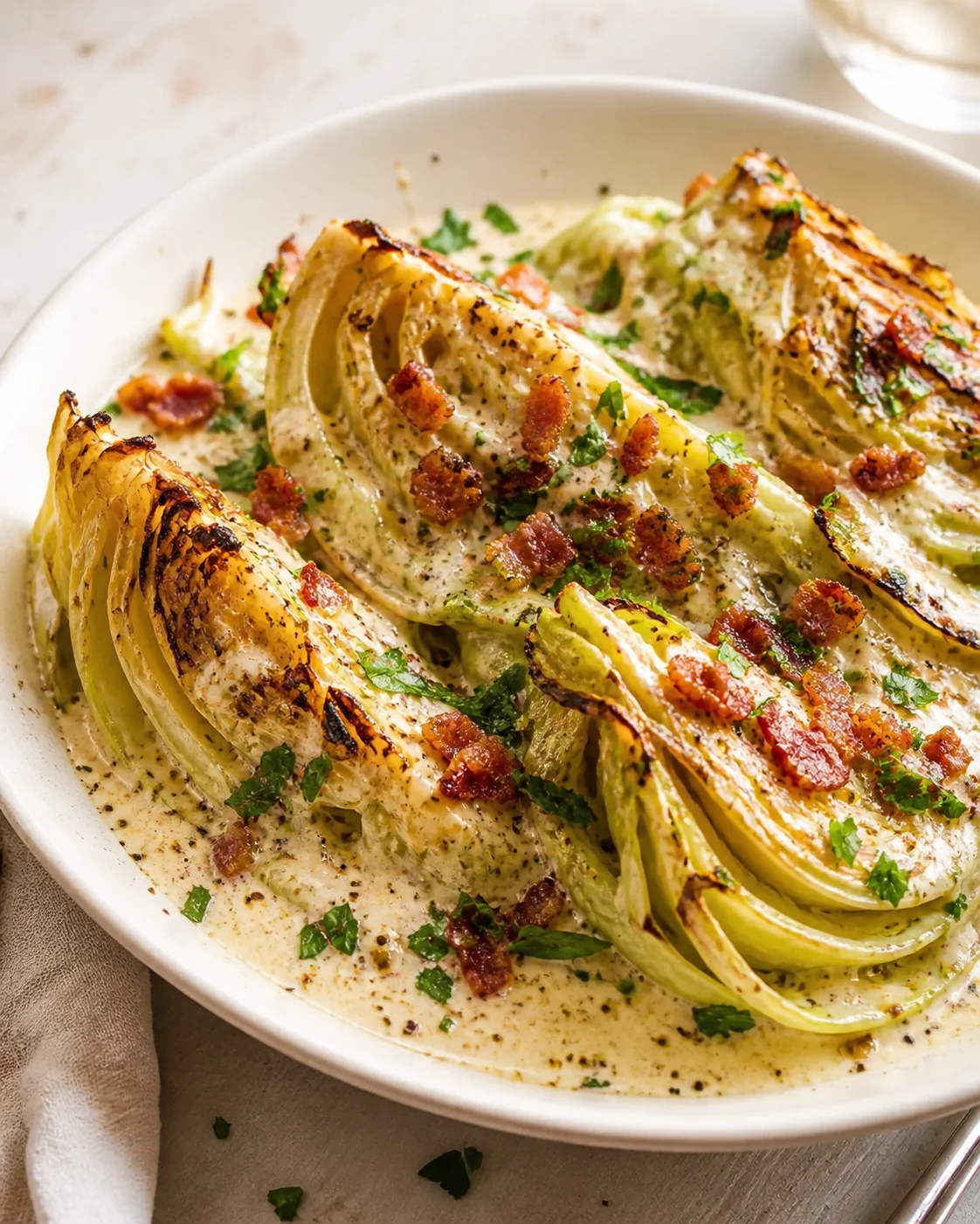 Roasted fennel wedges in creamy sauce with bacon bits and parsley