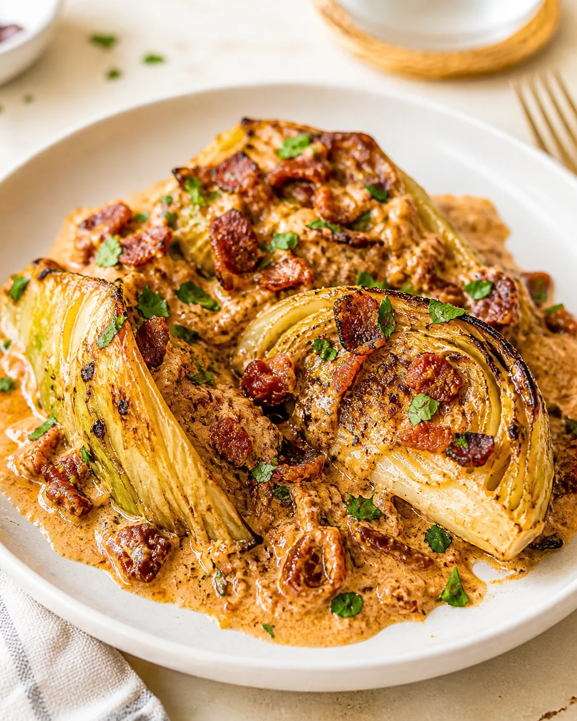 Two roasted fennel bulbs on a plate in creamy sauce, topped with bacon and parsley.
