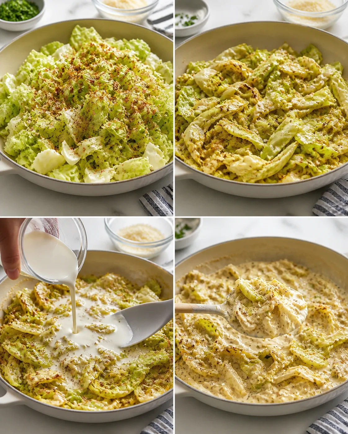 collage of a skillet with chopped romaine lettuce, browning edges, and a stream of creamy sauce being poured
