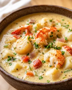 Creamy seafood stew with shrimp, scallops, potatoes, peppers, and parsley in a rustic brown bowl.