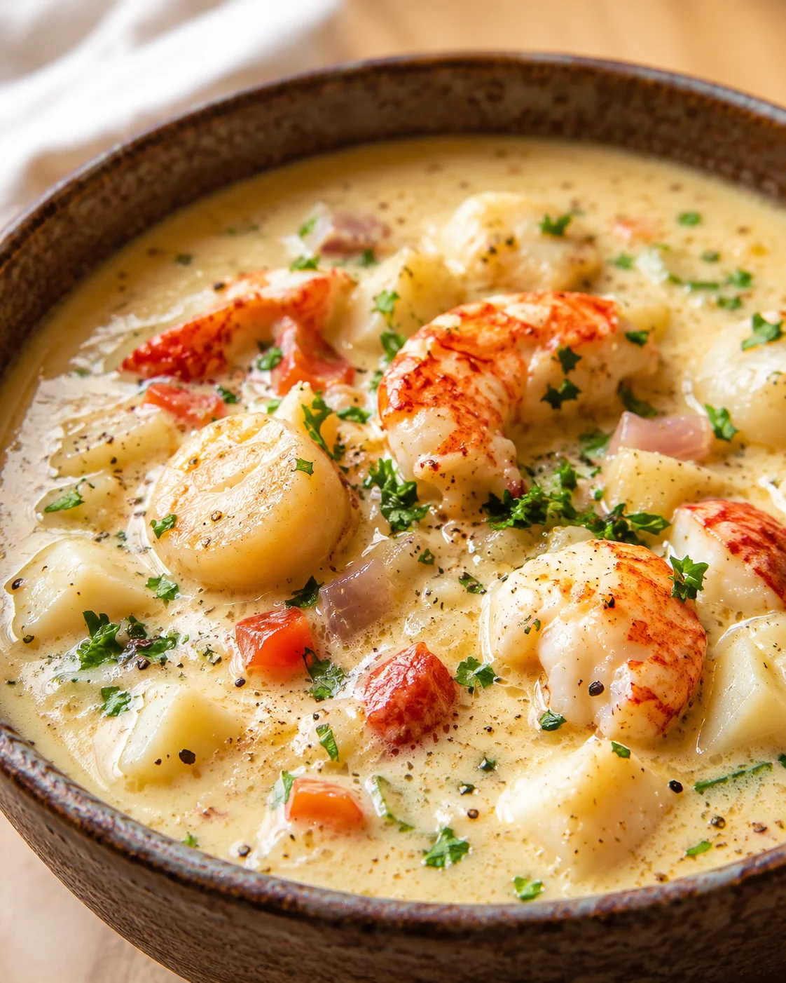 Creamy seafood stew with shrimp, scallops, potatoes, peppers, and parsley in a rustic brown bowl.
