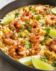 Cast-iron skillet filled with shrimp, corn, cilantro and lime wedges in a creamy sauce.