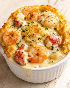 baked shrimp in creamy cheese sauce in white ramekin, garnished with parsley