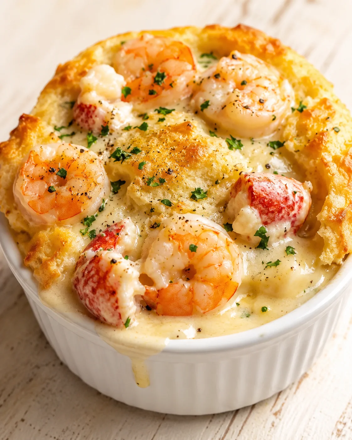 baked shrimp in creamy cheese sauce in white ramekin, garnished with parsley