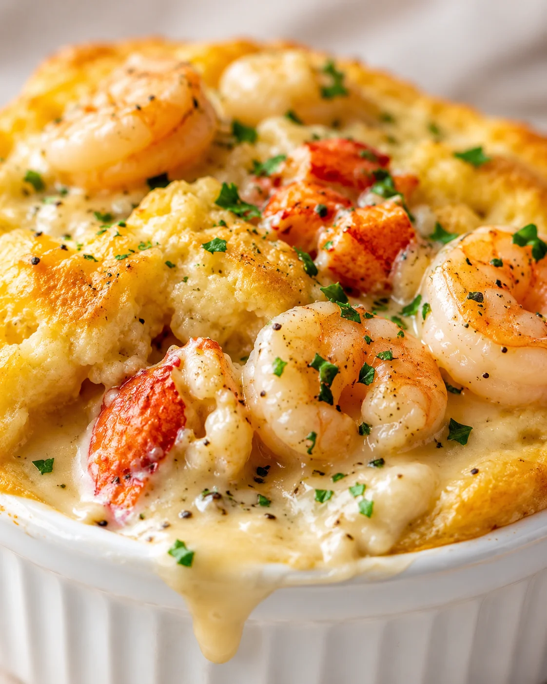close-up of shrimp in creamy cheese sauce baked in a white ramekin, garnished with parsley