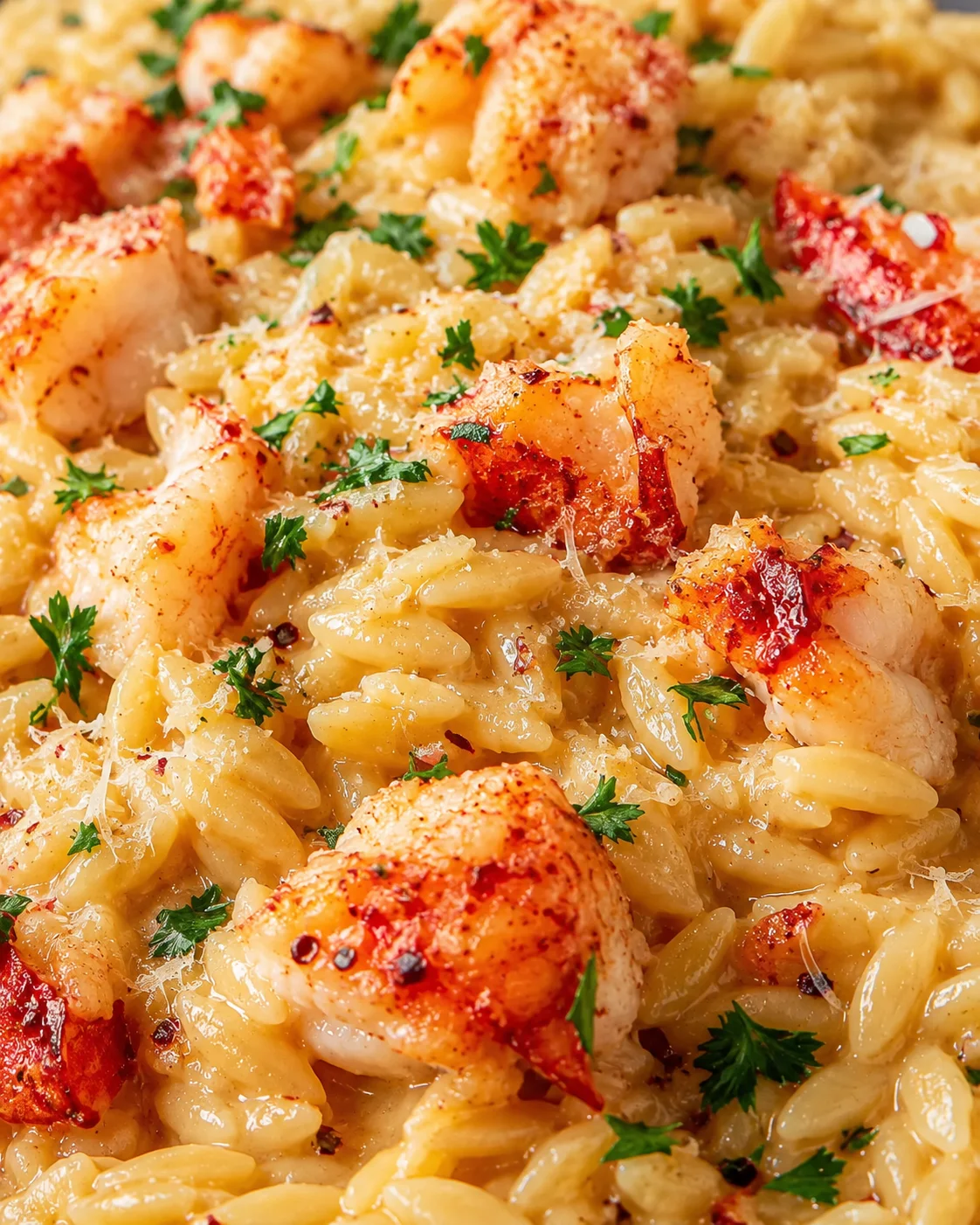 Creamy orzo pasta with pan-seared shrimp, parsley, and grated parmesan.