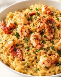 Creamy shrimp risotto with seared shrimp, parsley, and red pepper flakes in a white bowl.