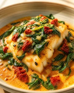 Plated white fish fillet in orange curry with wilted spinach and sun-dried tomatoes.