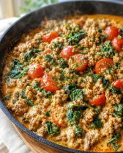 Cast-iron skillet with crumbled ground meat, halved cherry tomatoes, wilted greens, and creamy sauce.