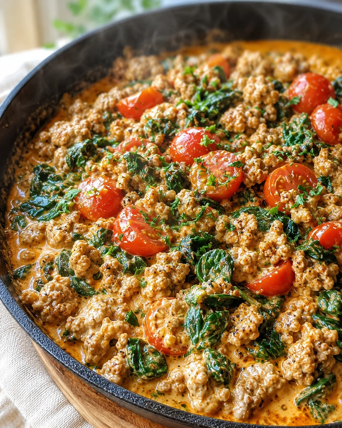 Cast-iron skillet with crumbled ground meat, halved cherry tomatoes, wilted greens, and creamy sauce.