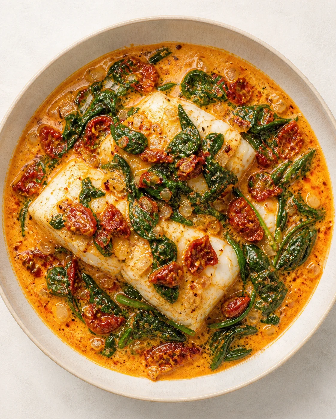 two white fish fillets simmered in a creamy orange sauce with spinach, sun-dried tomatoes, and onions.