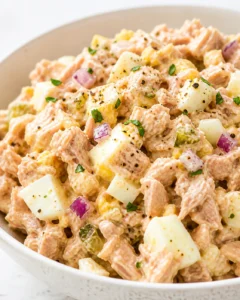 close-up of creamy tuna potato salad with diced potatoes, eggs, onions, and herbs in a bowl.