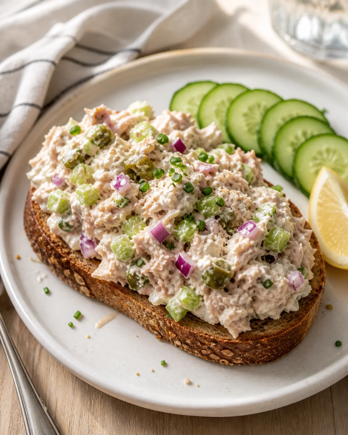 Crusty toast topped with creamy tuna salad, cucumber slices, and a lemon wedge on a white plate.