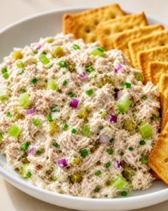 Creamy tuna salad with diced onions, green onions, and pickles beside crackers.