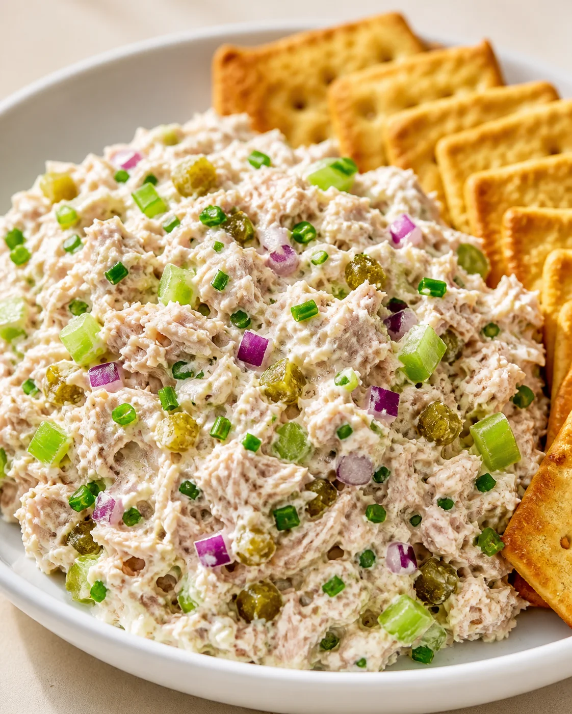 Creamy tuna salad with diced onions, green onions, and pickles beside crackers.