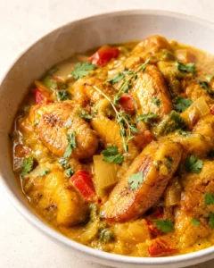 bowl of golden curry with potatoes and peppers, garnished with cilantro and thyme