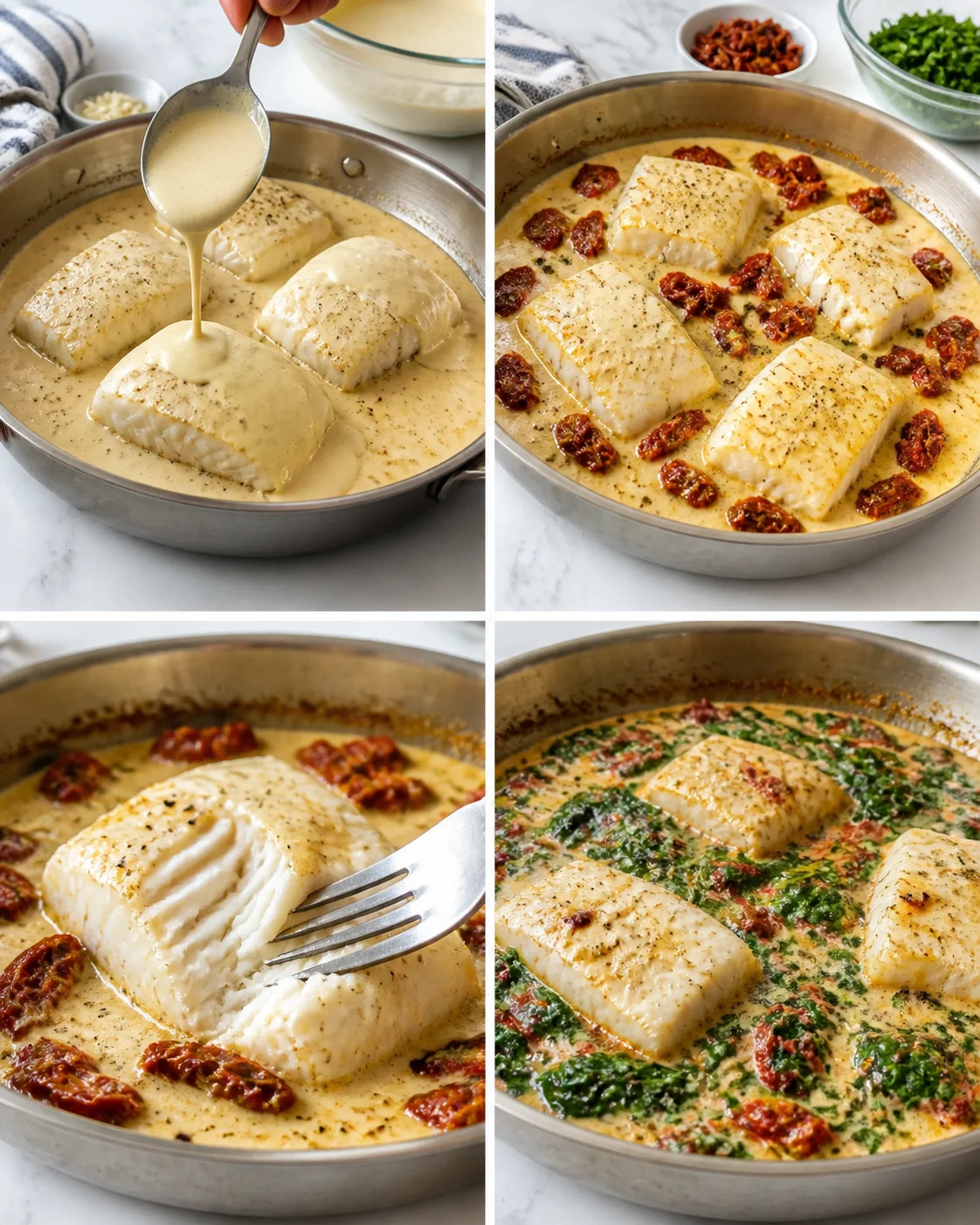 four-panel collage of white fish fillets cooking in a creamy sauce with sun-dried tomatoes