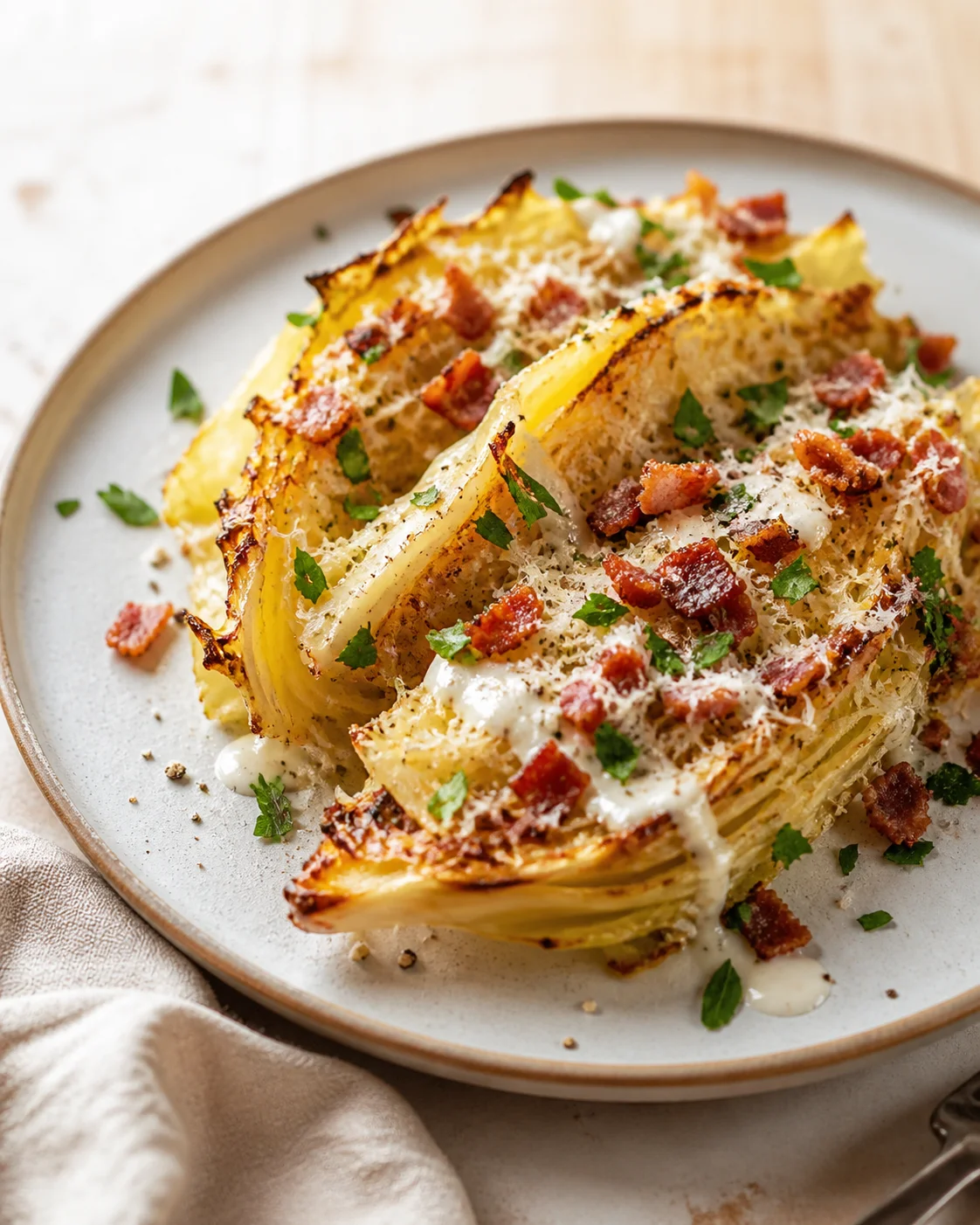 crispy roasted potato wedges topped with bacon, cheese, and parsley on a light plate