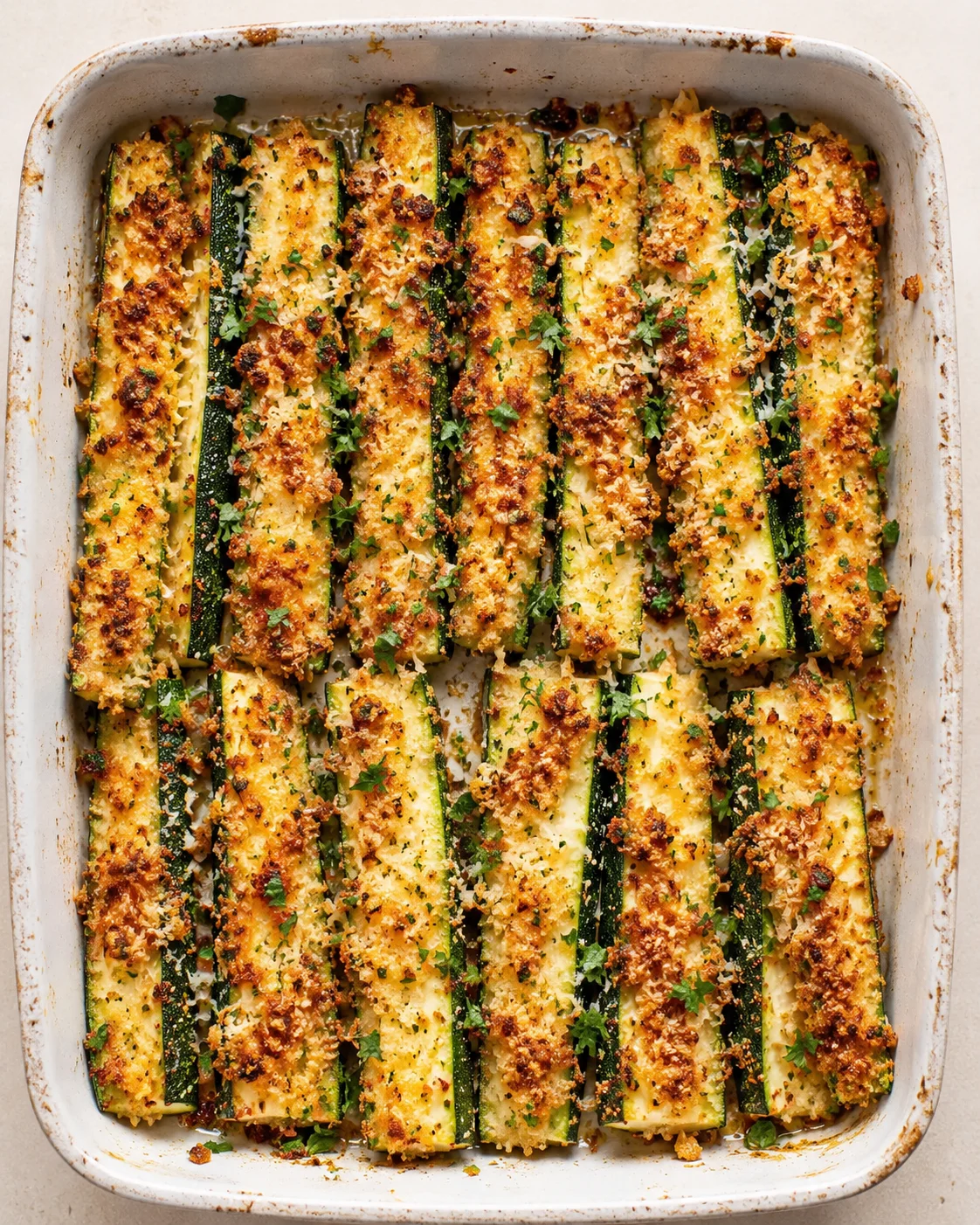 Golden-brown breadcrumb-topped zucchini spears in a white baking dish, garnished with parsley