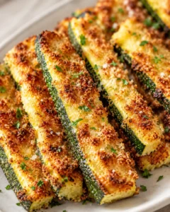 Crispy baked zucchini fries coated in breadcrumb crust, garnished with parsley on a light plate.