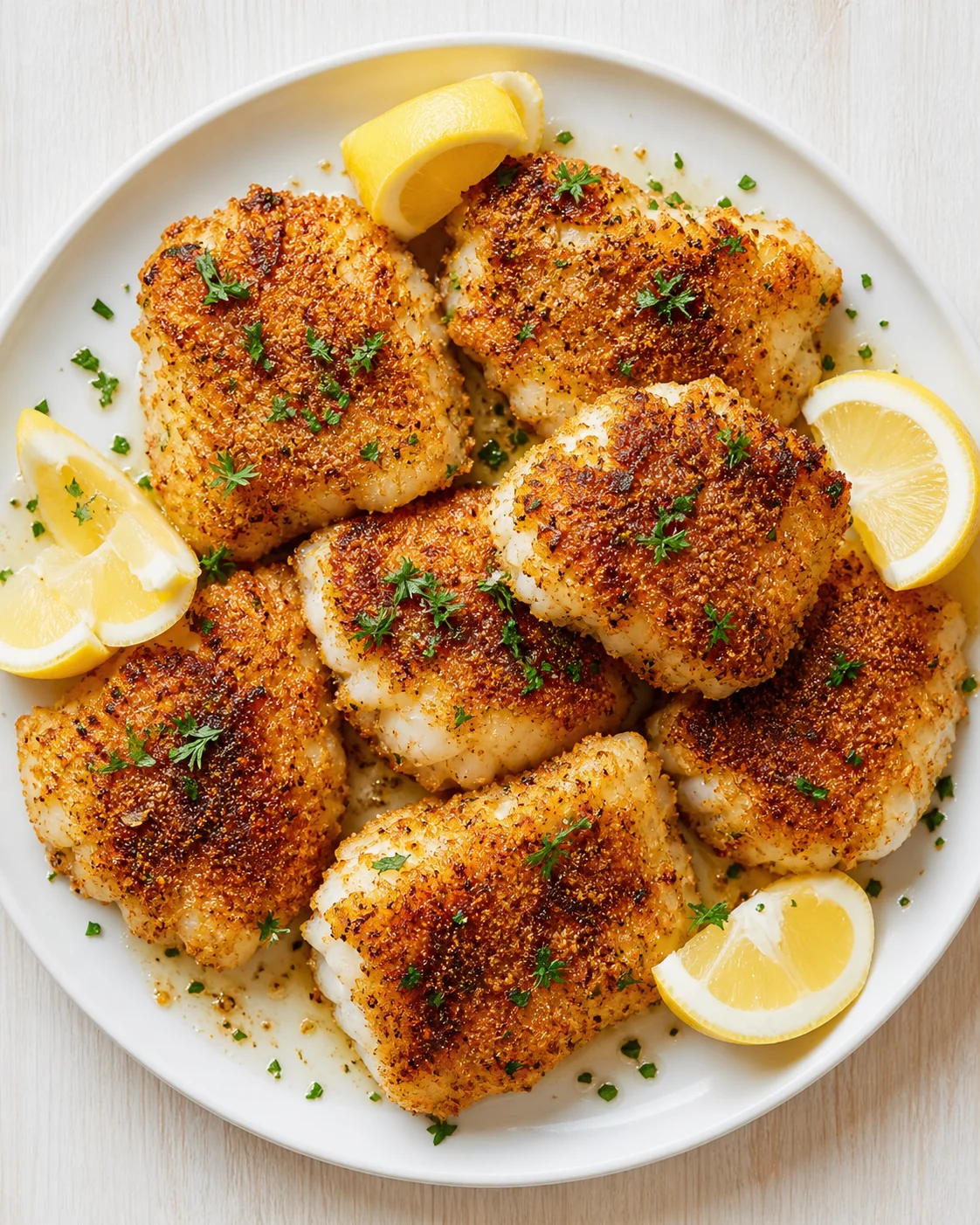 Golden-brown crusted scallops on a white plate, garnished with parsley and lemon wedges.