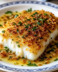 White fish fillet with a crispy breadcrumb crust and chopped parsley on a blue-rimmed plate.