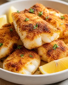 Crispy breadcrumb-coated fish fillets stacked on a white plate with lemon wedges and thyme