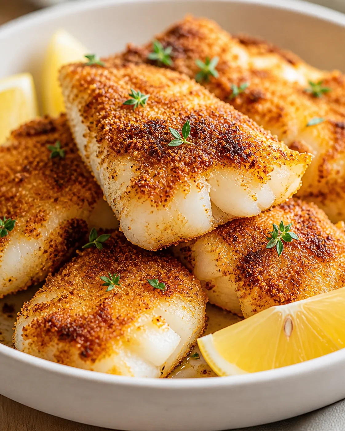 Crispy breadcrumb-coated fish fillets stacked on a white plate with lemon wedges and thyme