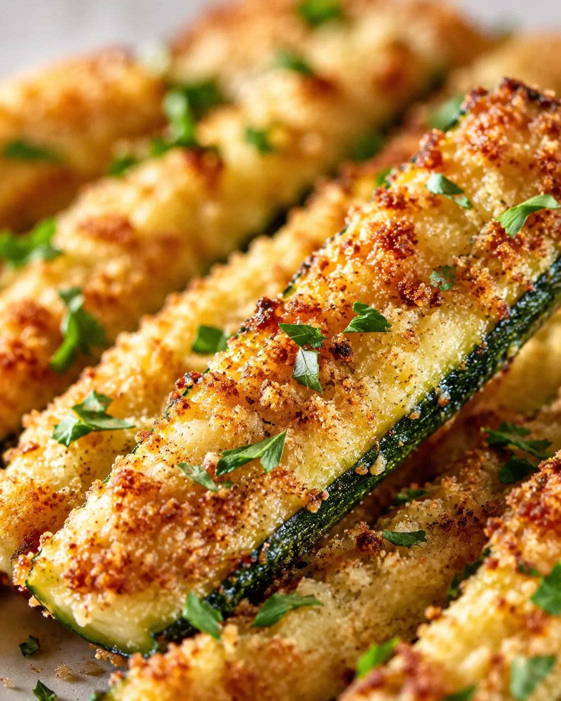 Close-up of crispy breaded zucchini sticks sprinkled with chopped parsley.