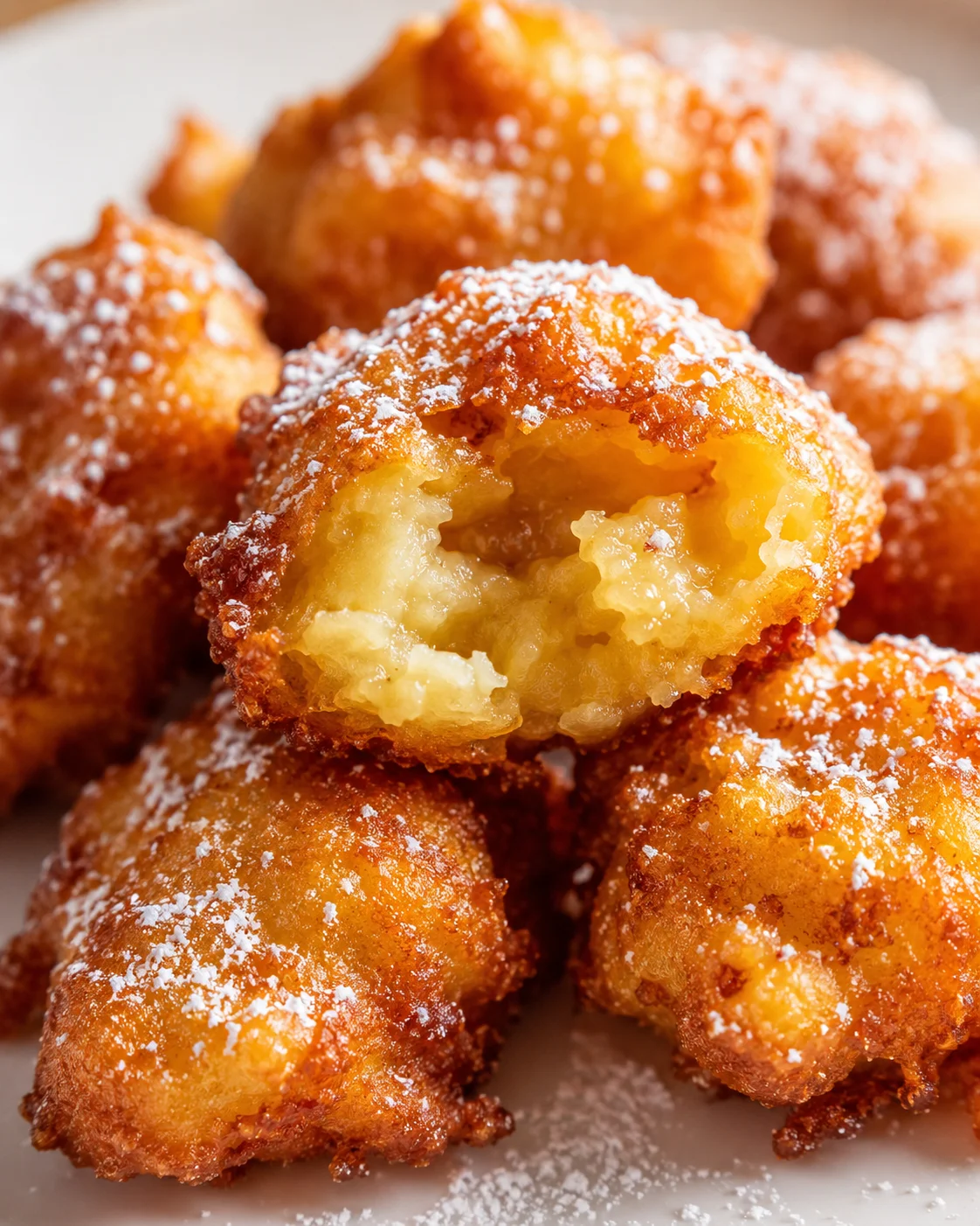 Golden fried cheese fritters dusted with powdered sugar, with a gooey center exposed in a bite.