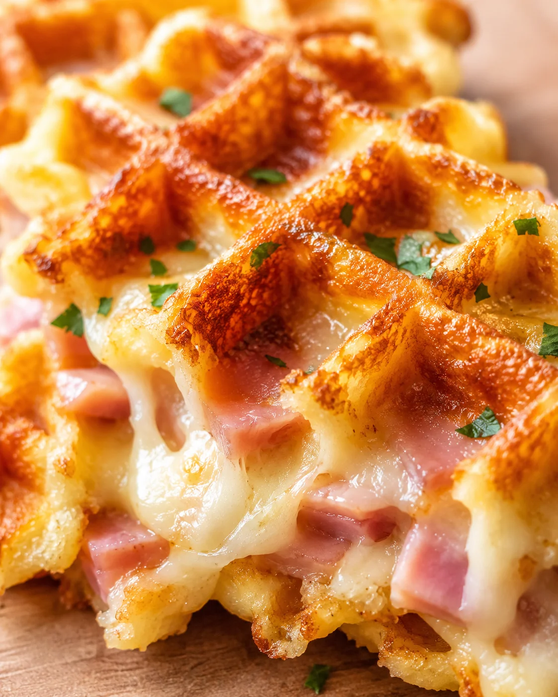 Close-up of crispy waffle bites stuffed with ham and melted cheese, topped with parsley