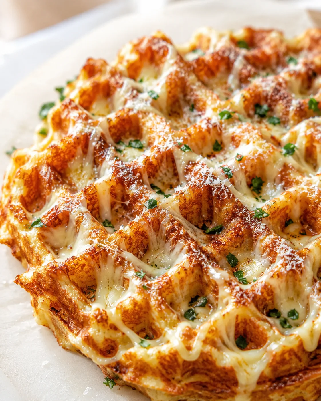 close-up view of crispy, browned potato bites covered in melted cheese and sprinkled parsley