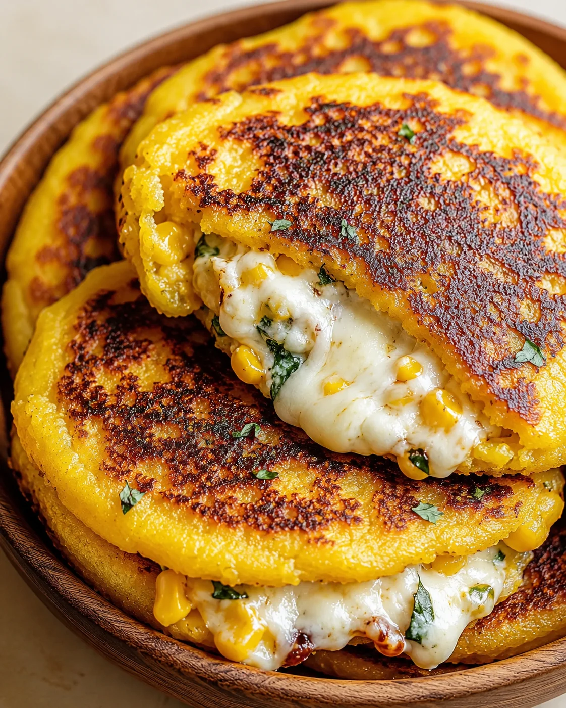 Close-up of stacked golden corn-cheese patties with melted cheese and herbs in a wooden bowl.