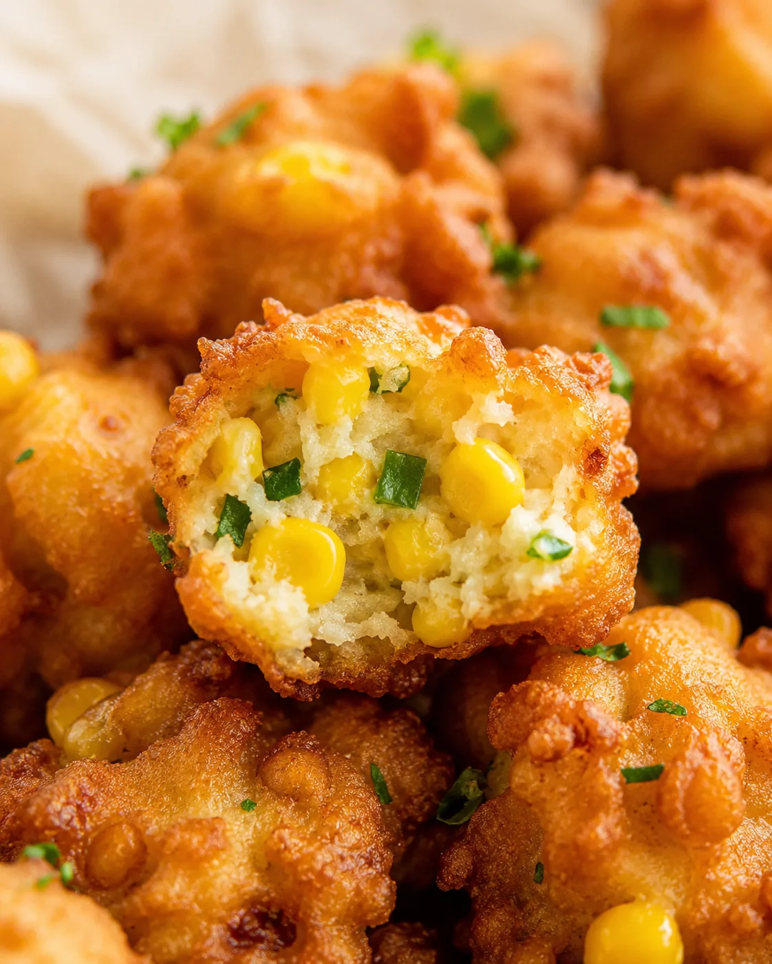 close-up of crispy corn fritters with corn kernels and green herbs