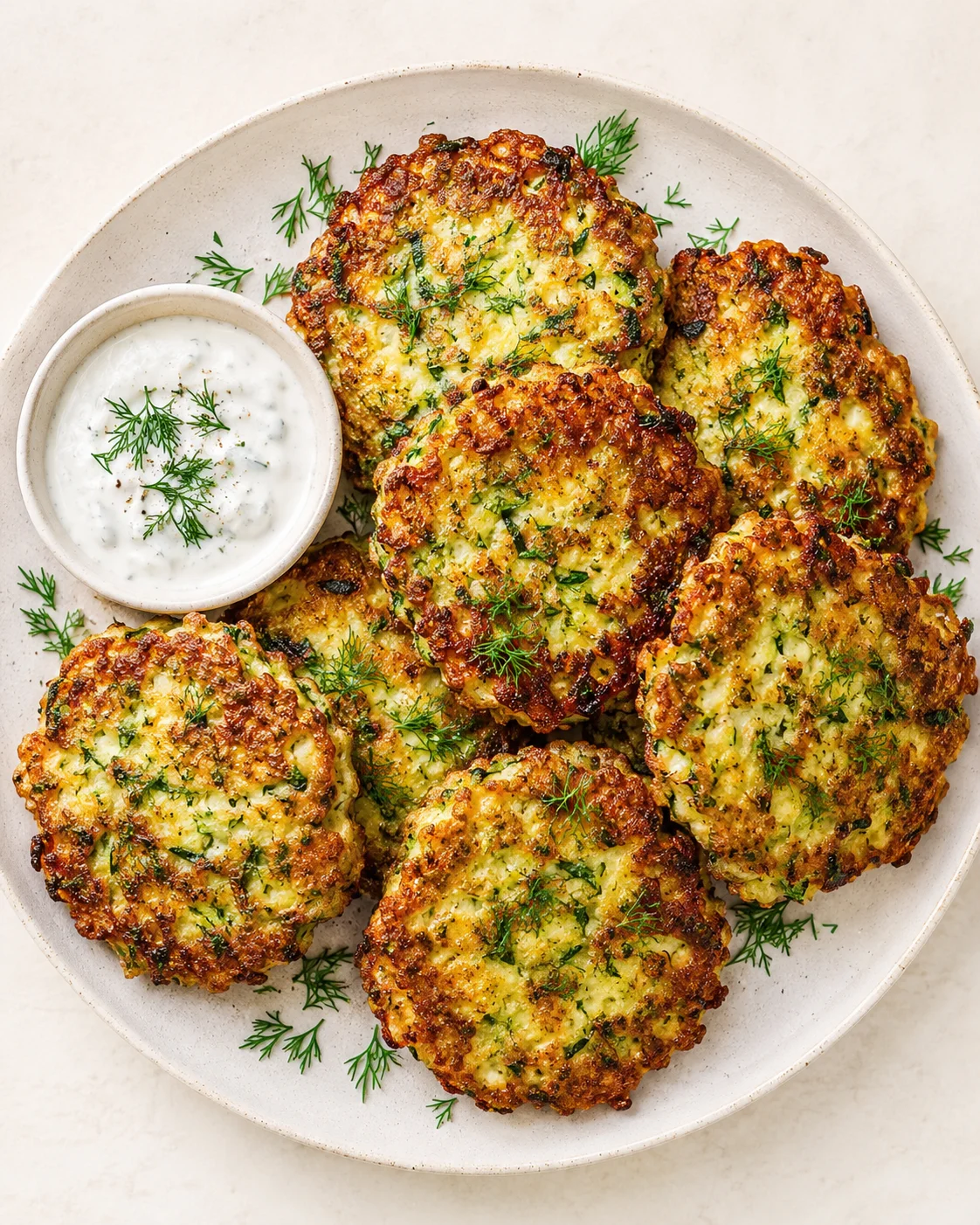 Round plate with several crispy dill-flavored potato fritters and a small bowl of creamy yogurt-dill sauce.