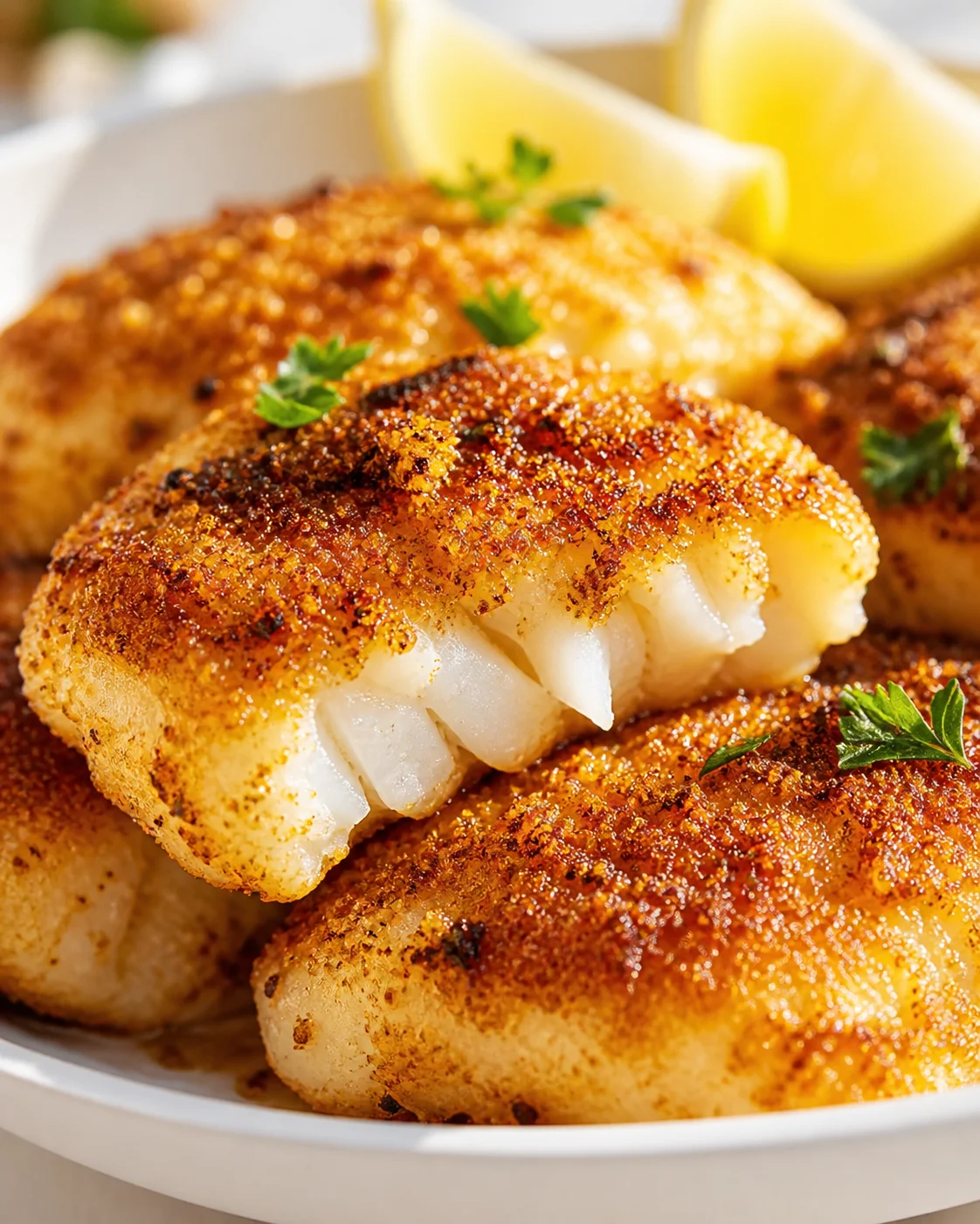 Golden-crusted fish fillets on a white plate with lemon wedges and parsley