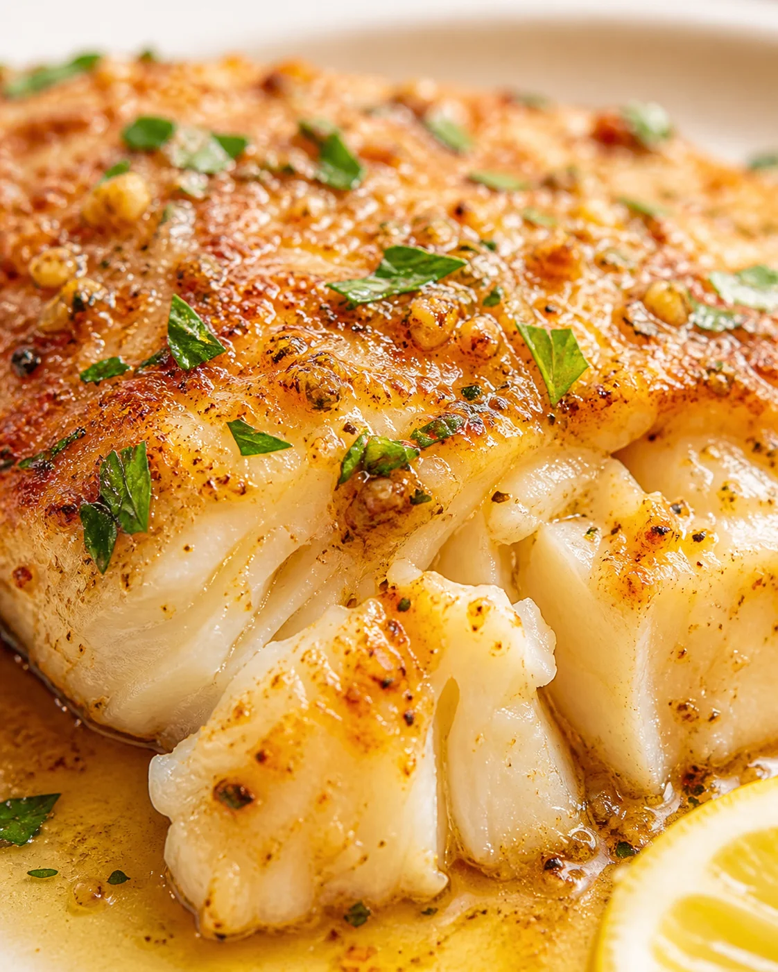 close-up of crispy, golden fish fillet with parsley in butter sauce and a lemon wedge