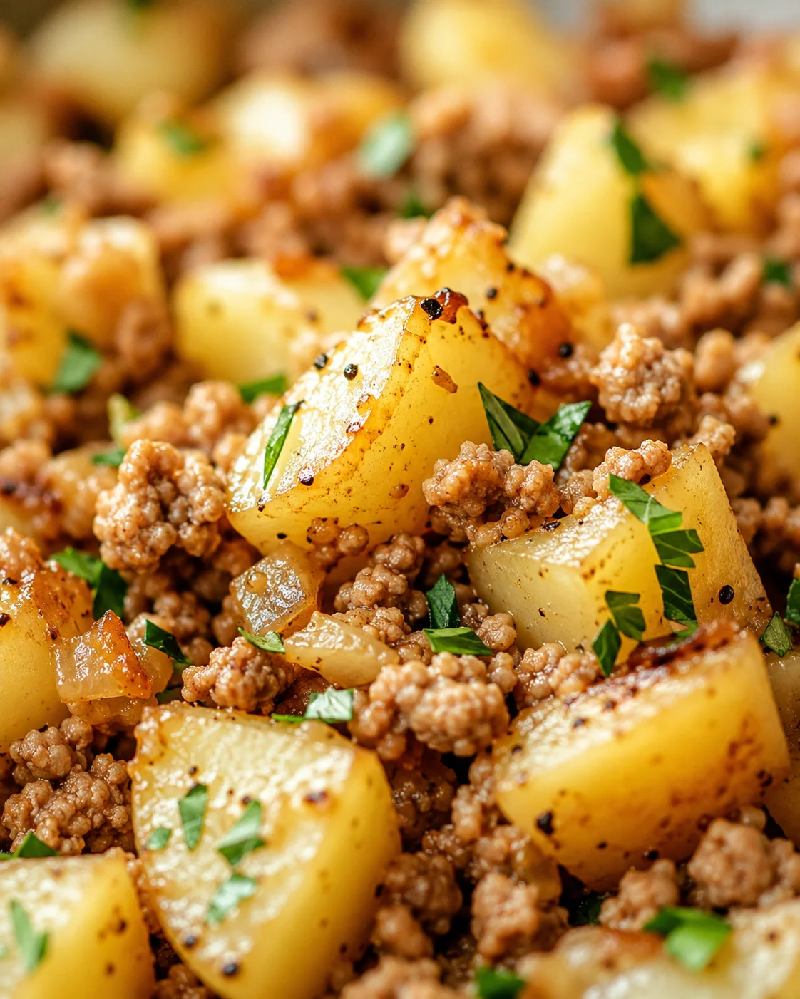 close-up of roasted potato chunks and crumbled beef with parsley