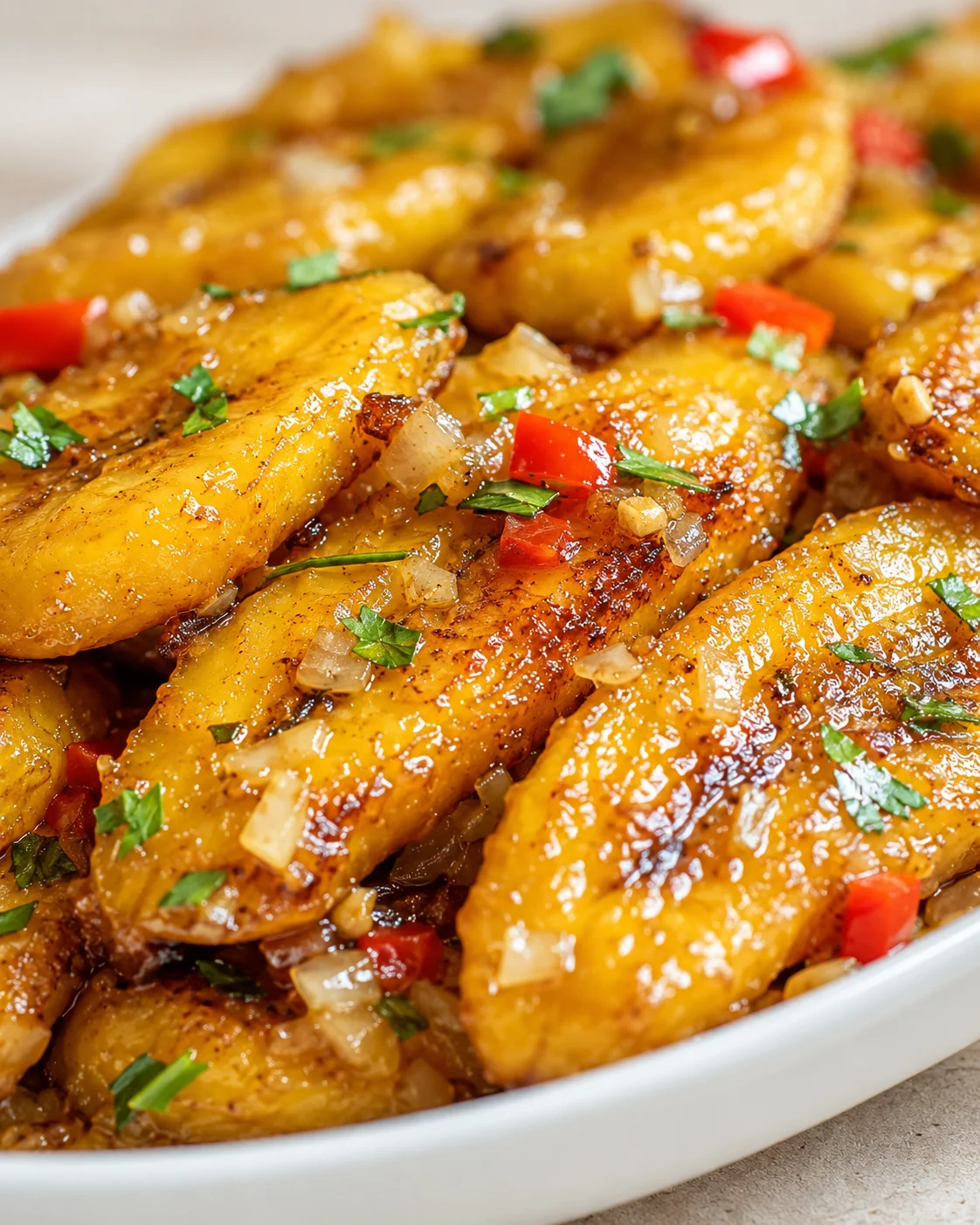 Golden-brown crispy potato wedges glazed with onions, red peppers, and parsley.