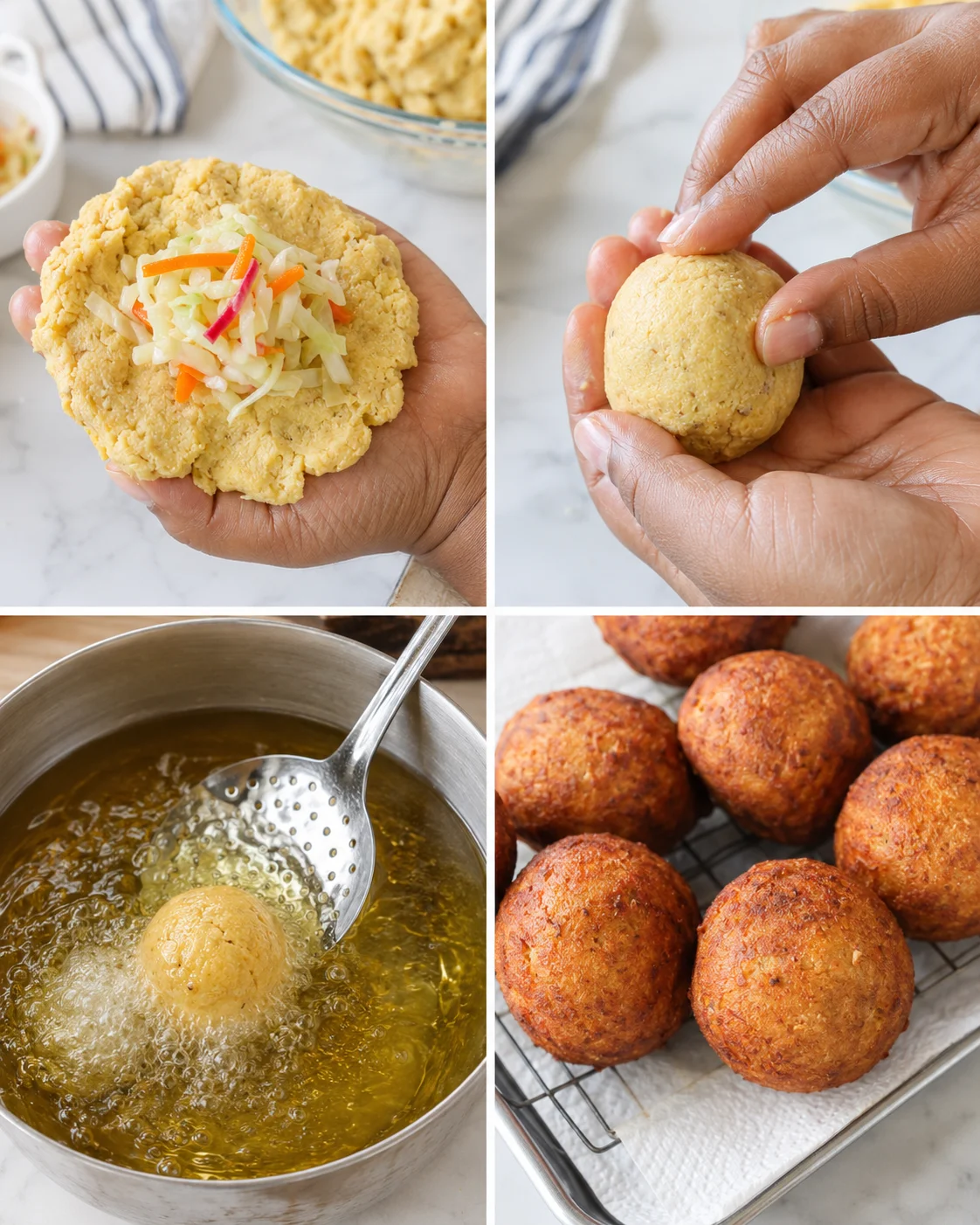 Four-panel collage showing veggie-filled dough being shaped, fried, and golden croquettes cooling on a rack.