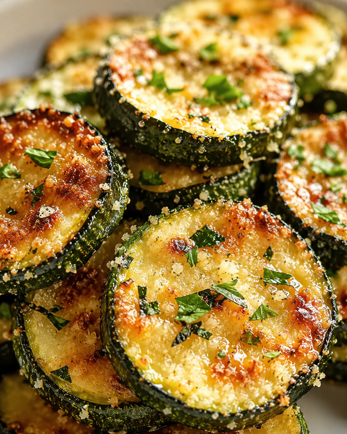 Close-up of baked zucchini rounds with melted cheese, breadcrumbs, and chopped parsley.