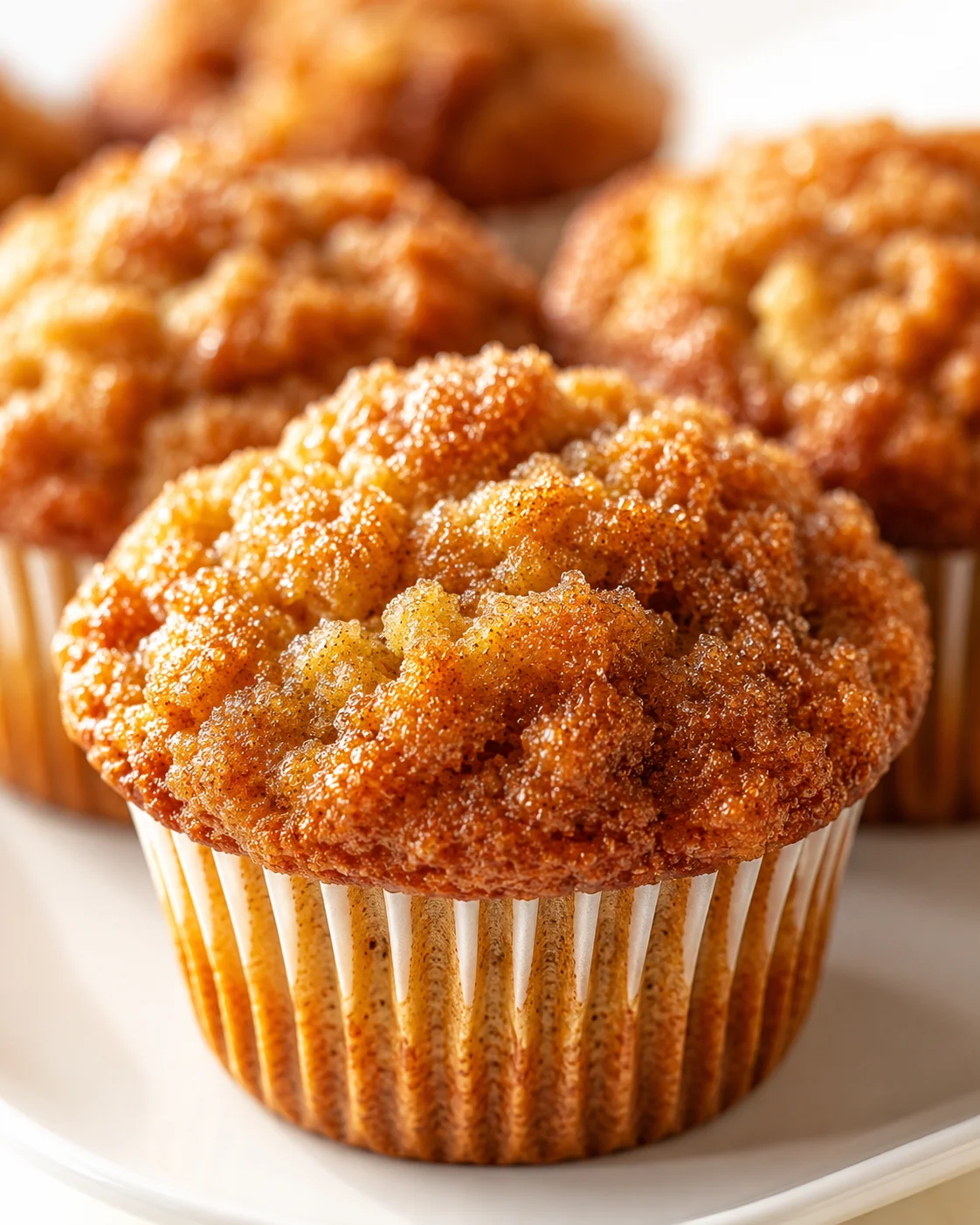 Close-up of golden brown muffins with a crumbly streusel topping on a white plate.
