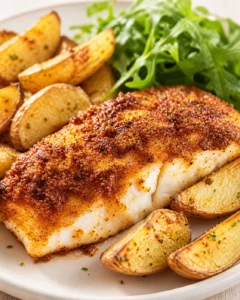 Crisp crusted fish fillet with roasted potato wedges and arugula on a beige plate.