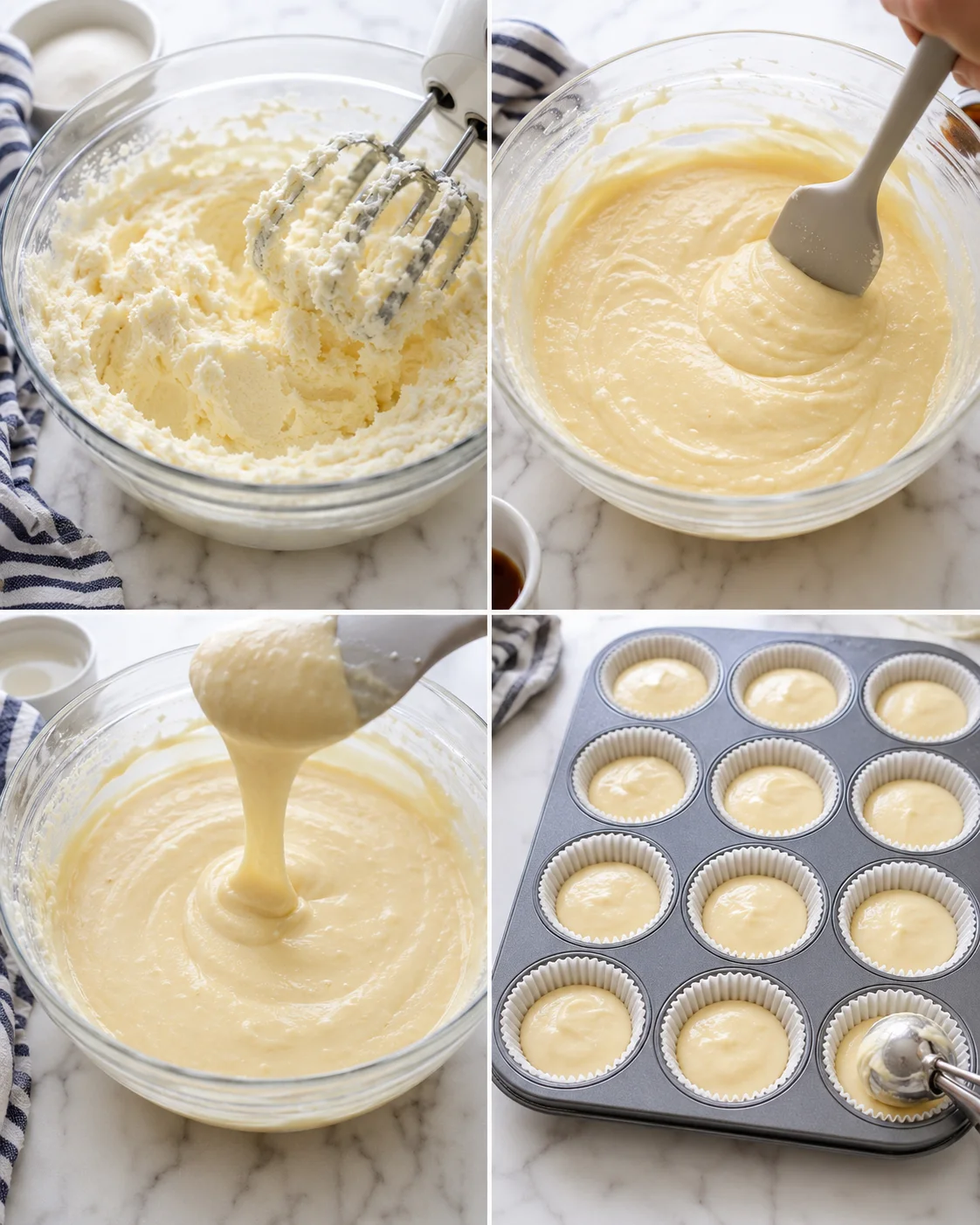 collage of cupcake-batter prep with creamed mixture, smooth batter, and filled muffin tin.